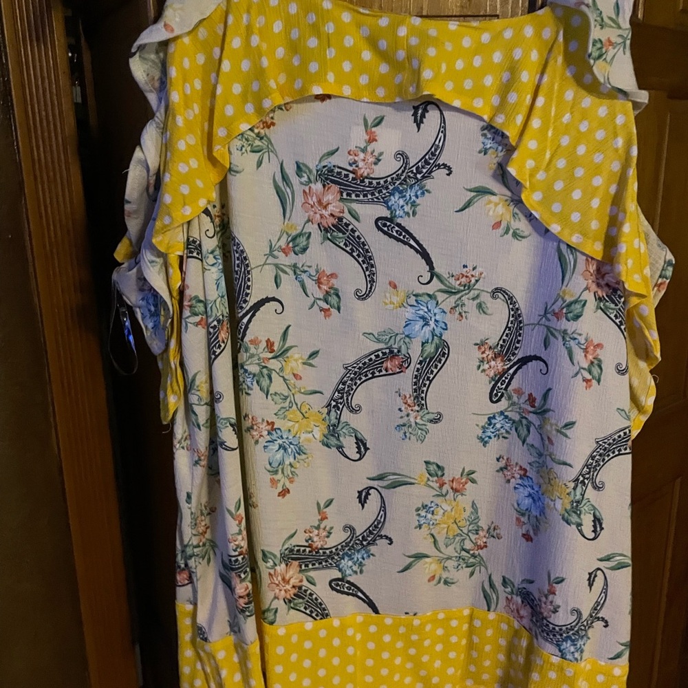Sweet Floral and Paisley off the shoulder top with Yellow Polka Dots